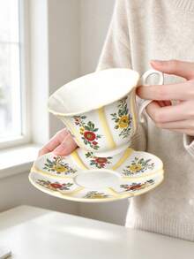 1set Vintage Floral Coffee Mug And Saucer Set,Elegant Striped Flower Teacup For Breakfast, Home Office, Gift For Women - Multicolor - View 11