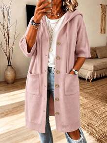 Plus Size Women's Pink Hooded Cardigan, Dropped Shoulder 3/4 Sleeve, Button Front Design, With Pockets, Suitable For Autumn/Winter Wear - Pink - View 2