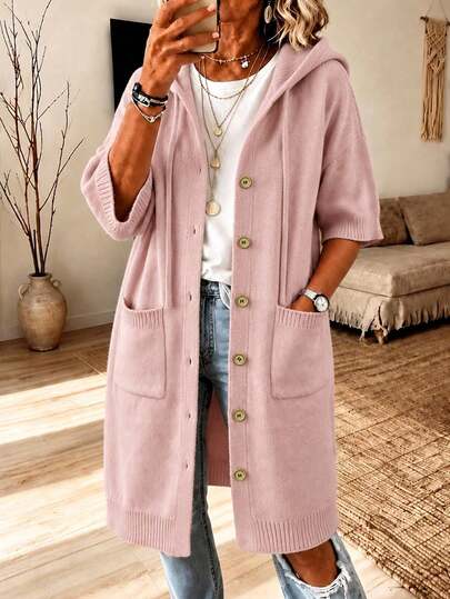 Plus Size Women's Pink Hooded Cardigan, Dropped Shoulder 3/4 Sleeve, Button Front Design, With Pockets, Suitable For Autumn/Winter Wear