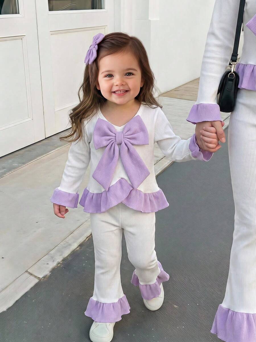 2pcs Baby Girl Cute Fresh Colorblock 3D Bow Top & Pants Set, Thin Spring/Autumn - Mauve Purple - View 1