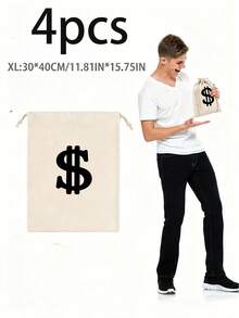 4pcs Canvas Money Bags With Dollar Sign Print, Suitable For Halloween, Cosplay And Party Gifts, Costume Props - Multicolor - View 4
