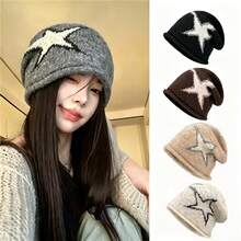 Women's Five-Point Star Knitted Beanie Hat, Slouchy Face-Slimming Pullover Knitted Cap, Thick Warm Versatile Large Head Circumference Atmosphere Hat For Autumn/Winter - Multicolor - View 2