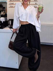 Women's Summer New Cuffed Pants With Elastic Waist And Drawstring, Loose Drape Casual Trousers, Lightweight Breathable Slouchy Long Pants - Black - View 9