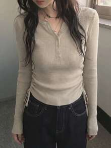 Sweater Rajut Wanita Slim Fit Leher Bulat Warna Polos, Lapisan Dalam, Serbaguna untuk Musim Gugur/Dingin - Khaki Muda - View 2