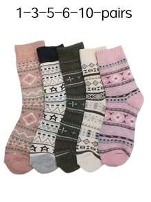 1/3/5/6 Pairs Of Ladies Retro Winter Warm Socks Geometric Pattern Medium Thick Knitted Socks, Comfortable Casual Warm Socks For Cold Weather - Multicolor - View 6