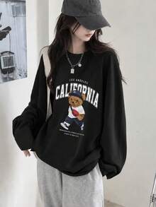 Women's Fashion Autumn/Winter Loose Minimalist Versatile Cartoon Bear Print Long Sleeve T-Shirt - Black - View 1