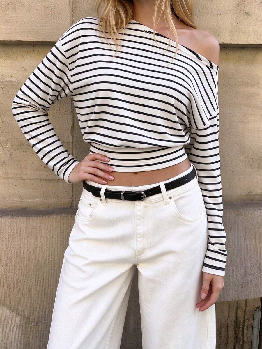 Women's Striped Asymmetric Shoulder Casual Everyday Long Sleeve Top - Black and White - View 1