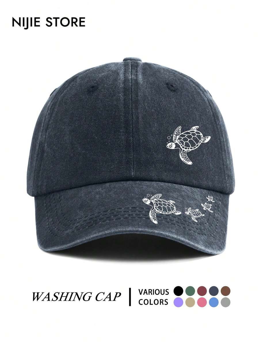 1pc Turtle Pattern Baseball Cap, Vintage Distressed Washed Style, Lightweight Comfortable Adjustable Multi-Functional Baseball Cap Unisex Duck Bill Dad Hat, Suitable For Daily Outings, Outfit, Commuting, Travel, Vacation, Outdoor Activities - A - View 1