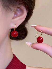 1 Pair Vintage Faux Pearl Red Copper Earrings, Suitable For Women For Daily Wear And Festivals - Burgundy - View 3