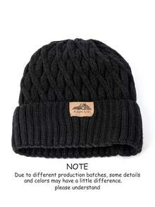 1pc Men's Cable Knit Beanie, Solid Color, Casual, Letter & Mountain Design, Fleece Lined, Elastic Ribbed Cuff, Winter, Daily Commute, Outdoor Wear - A - View 12