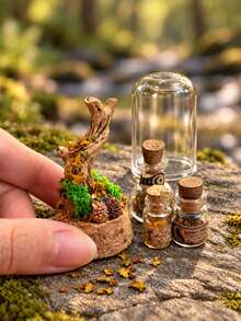 Miniature Forest Terrarium And Magic Bottle Set Model, Forest Theme Handmade Micro Landscape Ornament, Vintage Natural Style Dollhouse Accessory, Fairy Pastoral Style Desktop Decoration - one-size - View 5
