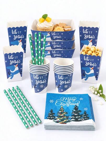 24/48PCS Disposable Paper Party Tableware Set, Royal Blue "Let It Snow" Text, Bird & Snowflake Print, Suitable For Winter Wonderland Theme Party, Christmas Celebration, Family Gathering, Office Party, Christmas Eve, New Year Event And Holiday Table Decor