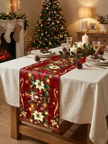 1pc Christmas Red & Gold Rectangular Table Runner, Christmas Floral With Reindeer, Bells, Candy Cane Or Nutcracker Print, Multiple Styles Available, Suitable For Dining Table, Coffee Table, Sideboard And Christmas Home Party Decoration - A - View 15