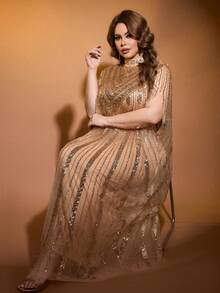 JINLICX Elegant Luxury Solid Color Polyester Beaded Evening Gown For Wedding And Formal Occasions, Spring Summer Autumn - Champagne - View 5
