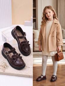 1 Pair Kids Brown Loafers & Oxford Shoes, Girls School Style Mary Jane Flats, Bow & Metal Buckle Decor Hook & Loop Design, Kids Student Shoes, Suitable For Spring & Autumn Daily Wear - Brown - View 7