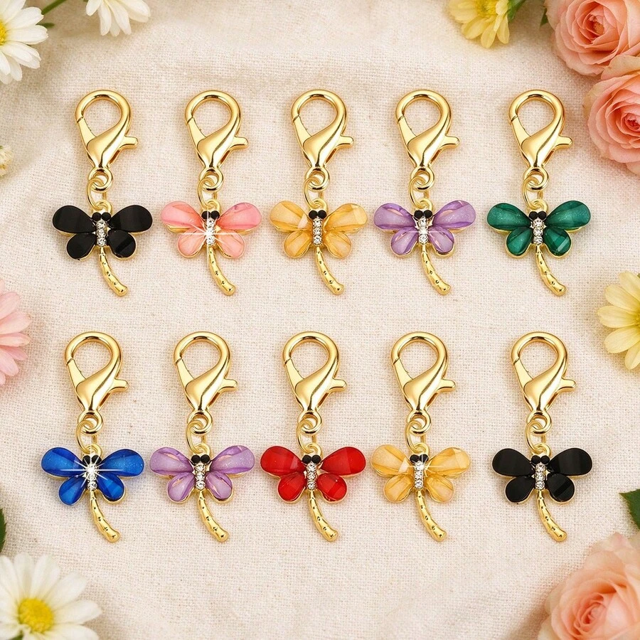 10pcs Random Mixed Color Dragonfly Pendant Keychain Bag Charm, Car Keychain, Chain Pendant, Rhinestone Lobster Clasp Charm, Alloy Bag Charm, DIY Jewelry Accessories, Women's Backpack Decoration, Small Gift - Multicolor - View 1