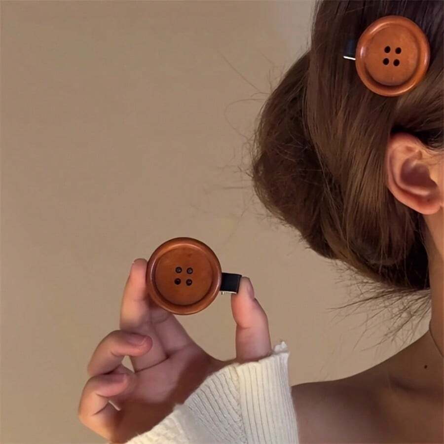 1/2pcs/4pcs 2026 New Alloy Button Hair Clips, Fashionable Sweet Style Alligator Hair Clips, Brown Hair Accessories For Women - Multicolor - View 1