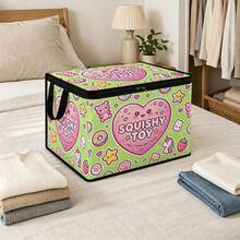 1PC 2D FLAT Squishy Toy Green Heart Bear Pattern Under-Bed Storage With Zipper Flap Foldable Storage Box - Suitable For Book Organization, Under-Bed Storage, Car Trunk Storage, Cosmetics, Hair Tools, Toy Storage, Student Back To School Storage, Office, Home Organization, Clothing, Blankets, Large Capacity Storage For Daily Items. - A - View 6