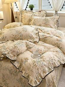 Beige Floral Girl Style Ruffled Simple Comfortable Soft Skin-Friendly Duvet Cover Set (1*Duvet Cover + 2*Pillowcases, No Filling) Suitable For Bedroom Guest Room Machine Washable All Season - Beige - View 7
