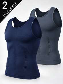 2 piezas Camiseta interior sin mangas para hombre, sin costuras, transpirable, con control de abdomen y compresión, adecuada para múltiples ocasiones - Multicolor - Ver 2