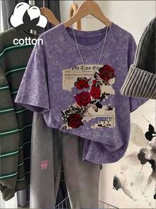 Plus Size Summer Casual Rose Newspaper Print T-Shirt Halloween Autumn Plus Size Clothing - Mauve Purple - View 11