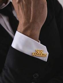 客製化姓名個性化不鏽鋼袖扣，高級袖扣，新郎配件，婚禮禮物，男友理想選擇，情人節、生日、聖誕節、萬聖節和新年禮物 - 金色-款式9 - 查看 7