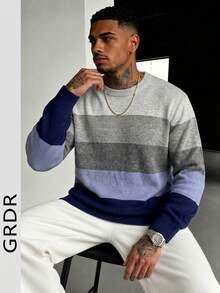 GRDR Men's Round Neck Casual Colorblock Long Sleeve Knit Sweater - Blue - View 3
