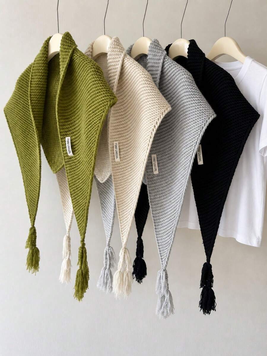 1pc Women's Solid Color Triangle Wool Blend Knitted Warm Handmade Style Casual Triangle Shawl Scarf Suitable For Travel, Outings, Autumn/Winter, Snow Season - Multicolor - View 1