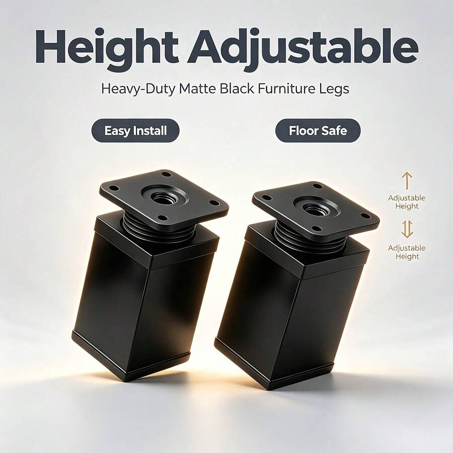 4pcs Adjustable Furniture Legs, Square Furniture Riser Legs/Legs, Heavy Duty Table Leg Extension, Metal Cabinet Feet; Suitable For Coffee Table, Cabinet, Desk, Sofa And Shelf; Non-Slip Base - Black - View 1