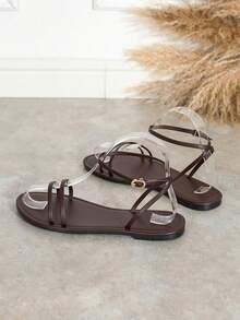 Women's Fashion Round Toe Open Toe Metal Thin Strap Comfortable Versatile One-Strap Flat Sandals - Chocolate Brown - View 5