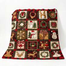 1 Buah Selimut Patchwork Natal, Selimut Flanel Kotak-kotak Merah Motif Manusia Salju dan Rusa untuk Dekorasi Sofa dan Rumah Saat Liburan - MultiWarna - View 7