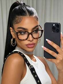 1 Pair Women's Square Leopard Print Full Frame Glasses, Campus Style, Face-Flattering, Suitable For Daily Wear, Office, Watching TV, Gaming And Phone Decoration - Clear - View 1