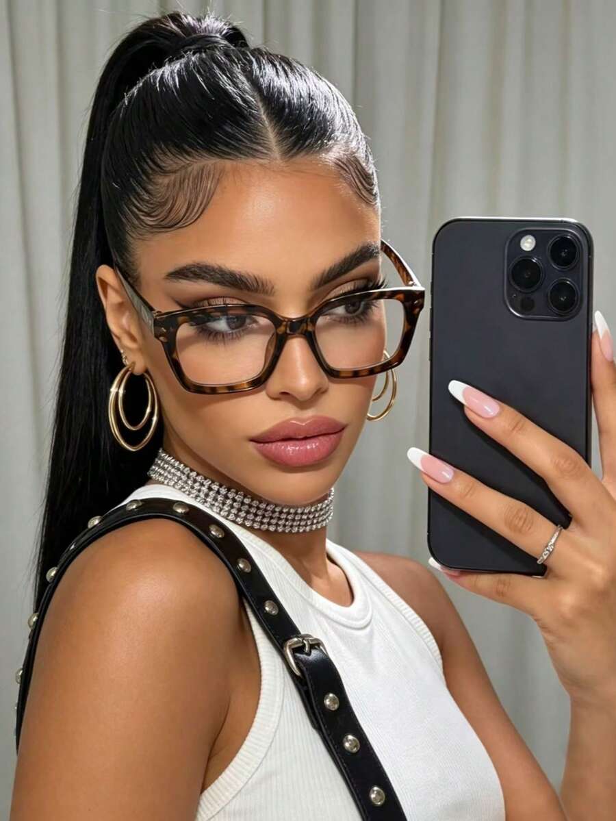1 Pair Women's Square Leopard Print Full Frame Glasses, Campus Style, Face-Flattering, Suitable For Daily Wear, Office, Watching TV, Gaming And Phone Decoration - Clear - View 1