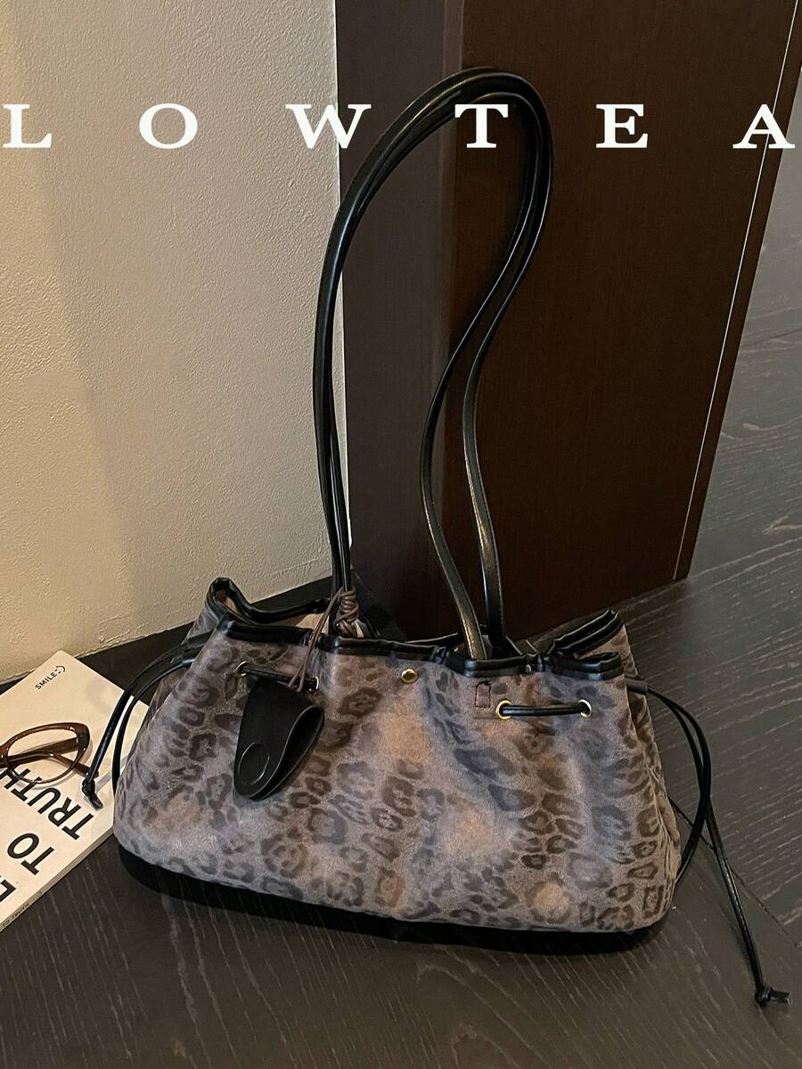 1pc Colorblock PU Fabric Women's Fashion Large Capacity Shoulder Bucket Bag With All-Over Leopard Print, Dual Handle Design And Drawstring Closure, Suitable For Daily Shopping And Commuting - Multicolor - View 1