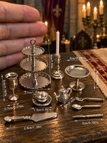 10pcs Silver Miniature Tea Set & Tableware Model, 3-Tier Dessert Stand, Goblet & Candlestick Miniature Models, Dollhouse Afternoon Tea Scene Decor - one-size - View 2