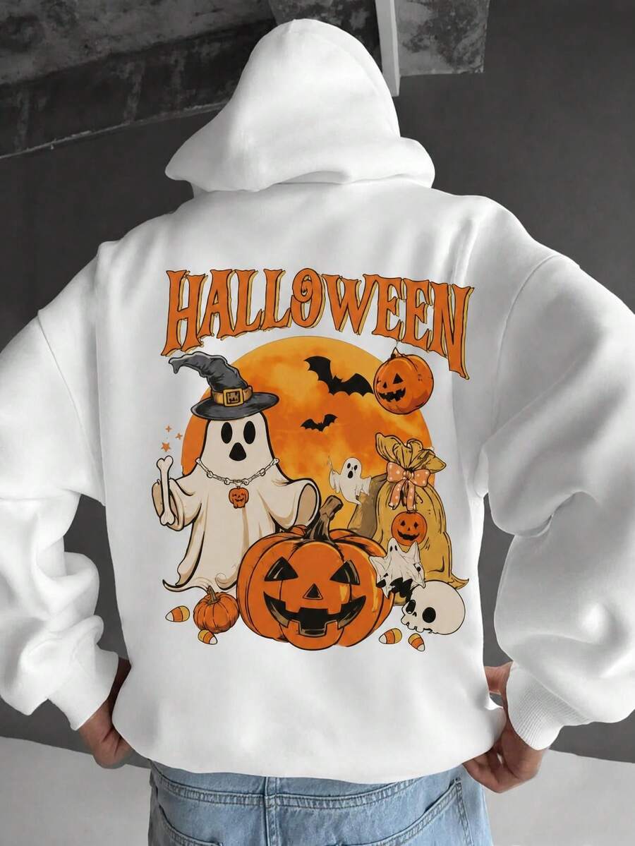 1 Pieza Sudadera con capucha para hombre con estampado de calabaza y fantasma, ropa cómoda y cálida, estilo casual callejero, ideal para fiesta de Halloween - Blanco - Ver 1