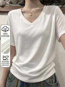 純棉布料 100% 棉 女款 T 恤上衣 白色短袖 V 領 春夏休閒透氣 T 恤 - 白色 - 查看 11
