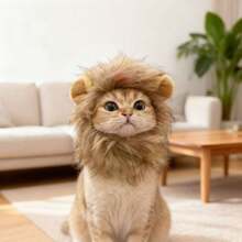 Cat Lion Head Costume, Cute Funny Pet Outfit, Cat Dog Hat Khaki Color Realistic Head Cover, Warm Fleece Lining For Winter - Khaki - View 1