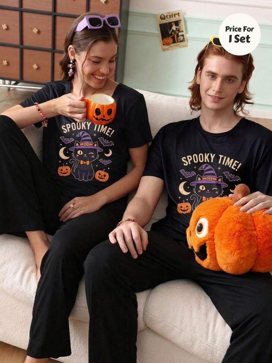 Chillnights Conjunto de pijama para mujer con estampado de texto, fantasma, calabaza y telaraña de dibujos animados de Halloween, estilo joven, vibrante y divertido - Negro E - Ver 1