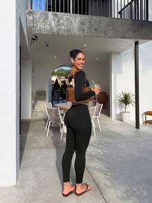 Ruched Butt-Lifting Tight Pants, Contrast Color Trim, High Elasticity, Seamless, Suitable For Sports And Daily Wear - Black - View 9