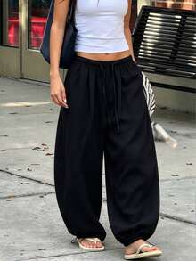 Women's Summer New Cuffed Pants With Elastic Waist And Drawstring, Loose Drape Casual Trousers, Lightweight Breathable Slouchy Long Pants - Black - View 7