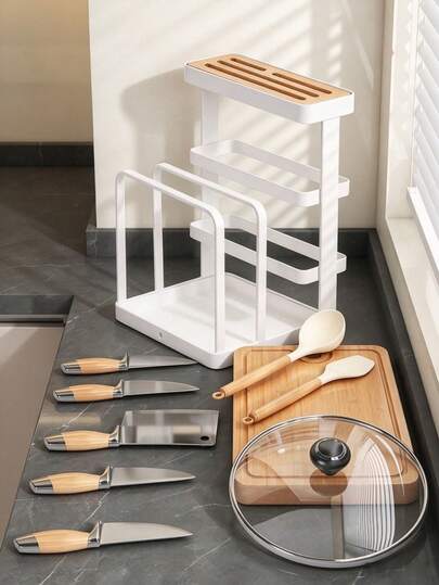 Knife & Cutting Board Storage Rack. Partitioned Design For Knives, Cutting Boards And Scissors. Hollow Ventilated Structure Resists Mold. Stable And Anti-Tip, Keeps Kitchen Counter Neat And Saves Space.