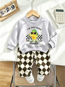 2pcs/Set Boys Cartoon Chick Print Crew Neck Sweatshirt + Random Cut Diamond Plaid Pants, Comfortable & Fashionable Autumn/Winter New Style - Multicolor - View 2