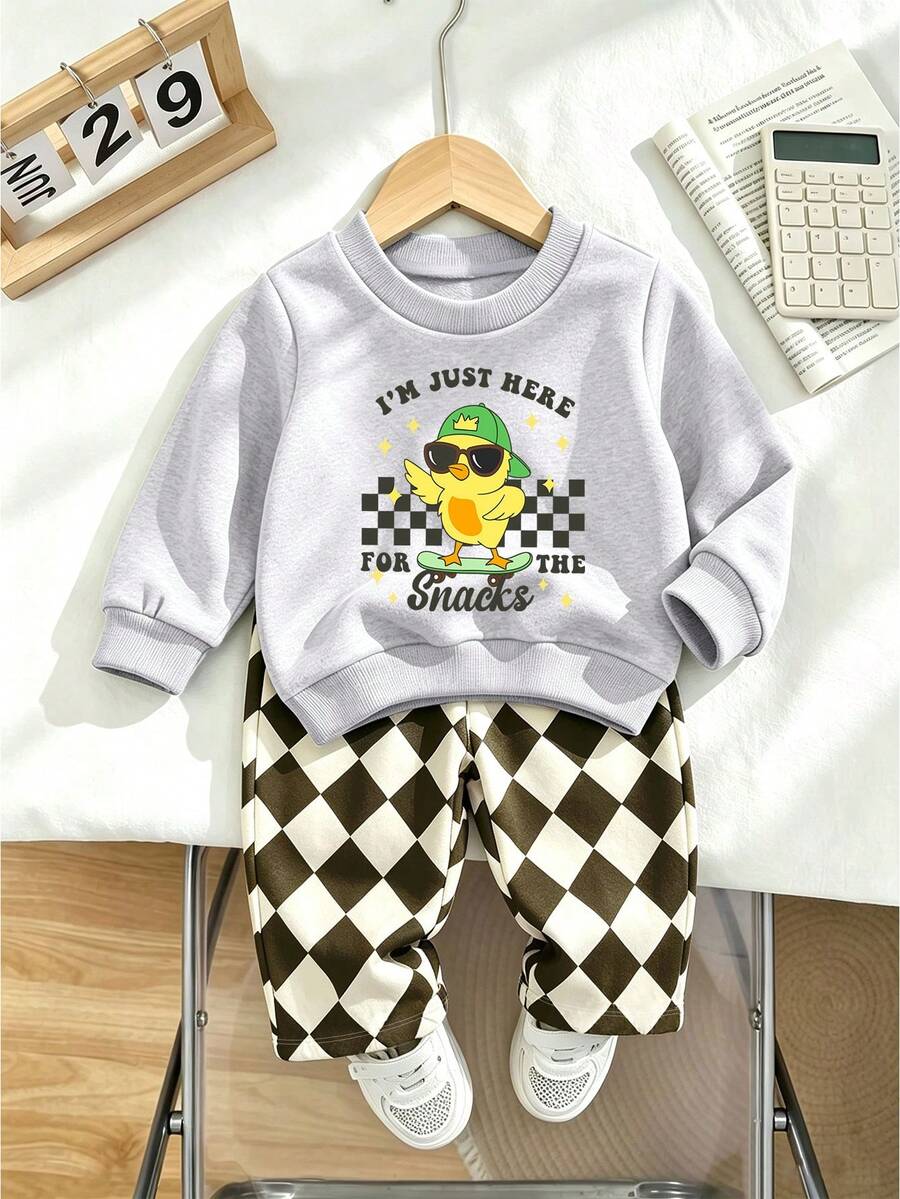 2pcs/Set Boys Cartoon Chick Print Crew Neck Sweatshirt + Random Cut Diamond Plaid Pants, Comfortable & Fashionable Autumn/Winter New Style - Multicolor - View 1