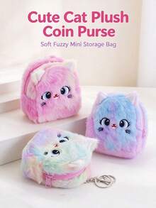 1pc Children's Cartoon Cat Embroidery Pattern Tie-Dye Plush Material Mini Storage Function Cute Style Coin Purse Keychain Suitable For Daily Travel, Holiday Gifts - Multicolor - View 1
