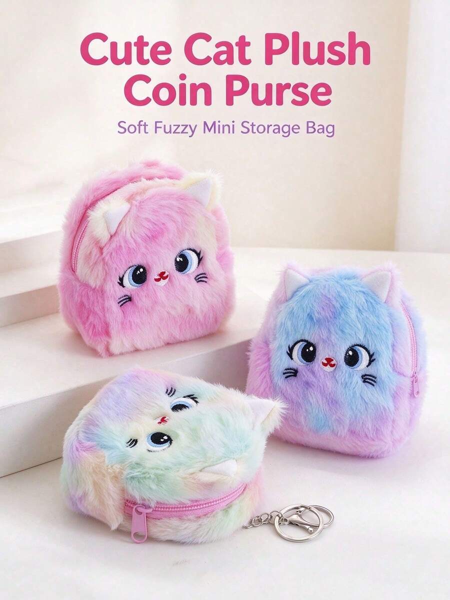1pc Children's Cartoon Cat Embroidery Pattern Tie-Dye Plush Material Mini Storage Function Cute Style Coin Purse Keychain Suitable For Daily Travel, Holiday Gifts - Multicolor - View 1