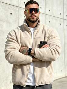 Men's Fleece Casual Solid Color Long Sleeve Jacket, Versatile Autumn/Winter Fleece Coat - Apricot - View 3