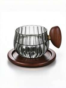 1pc Transparent/Grey Wooden Handle Glass Cup, Glass Coffee Cup & Saucer Set, Premium Afternoon Tea Set With Spoon, Fashion Style Coffee Glass Cup, Back To School Essential - Multicolor - View 7