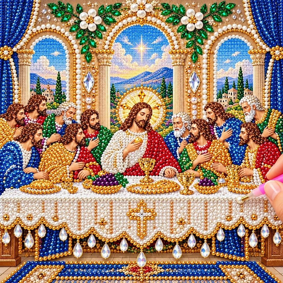 DIY 5D Special Shaped Pearl Diamond Painting Kit, The Last Supper Christian Religious Pearl Crystal Rhinestone Art Canvas, 30x30cm Frameless, Home Wall Decor, Handmade Gift - View 1