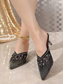 Women's Mesh Rhinestone Pointed Toe Transparent Chunky Heel Closed Toe Slip-On Mule Sandals For Party, Wedding, Evening Wear - Black - View 3